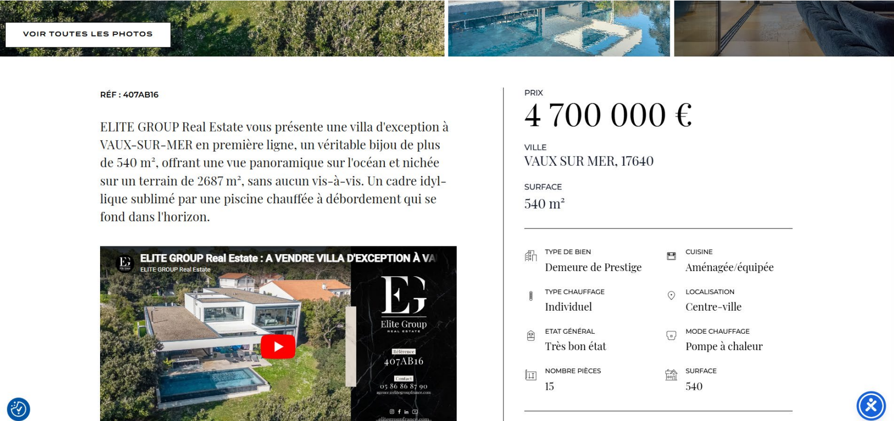 Page de détail d'un bien sur Elite Group