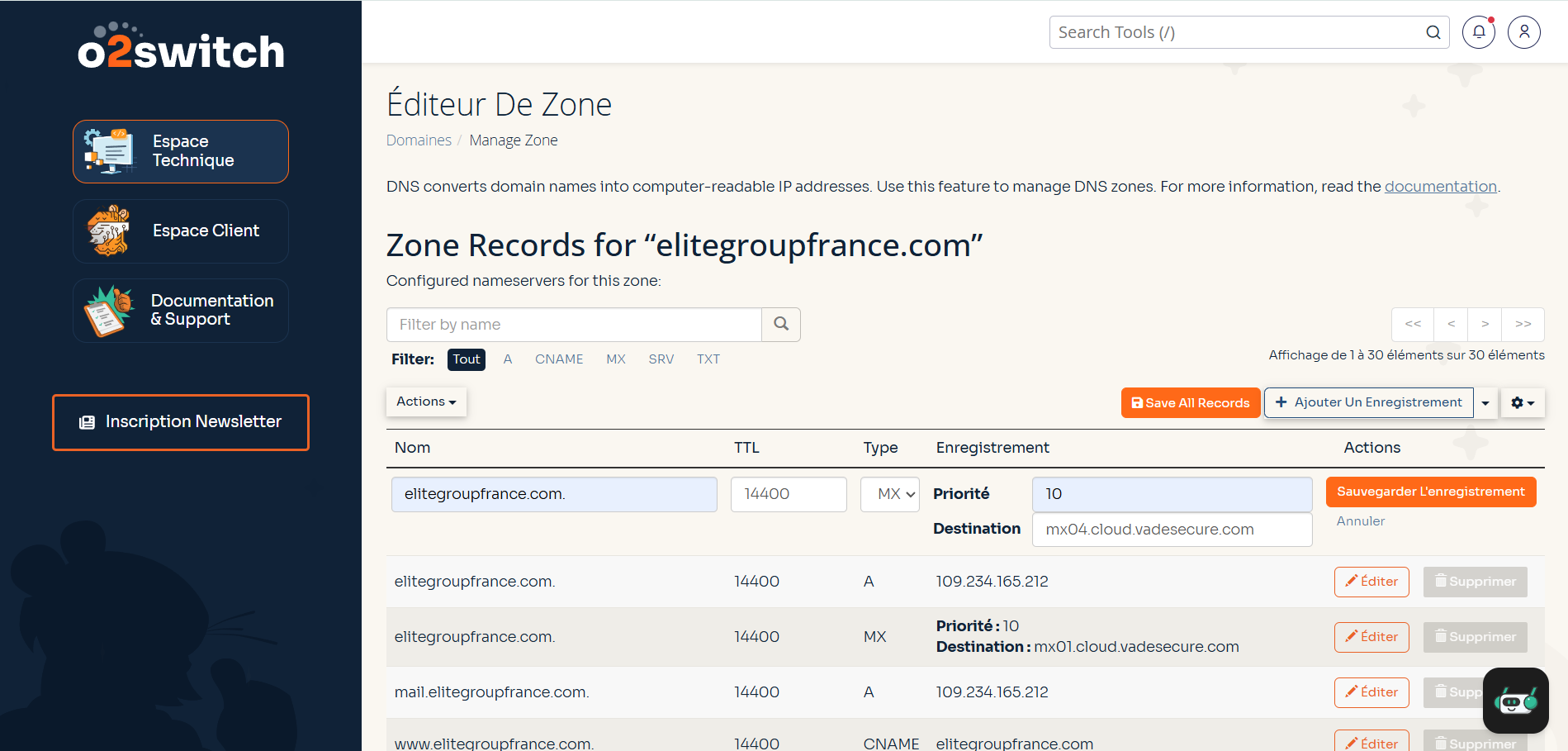Gestion DNS dans cPanel o2switch